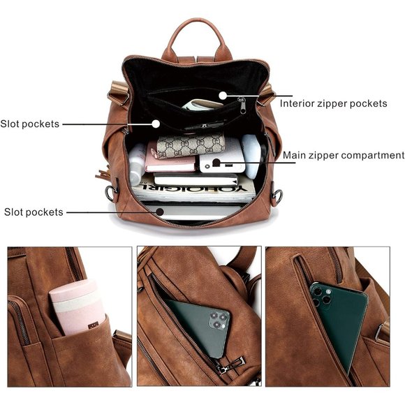 Women Brown Leather Travel Fashion Backpack with Tassel main image 11